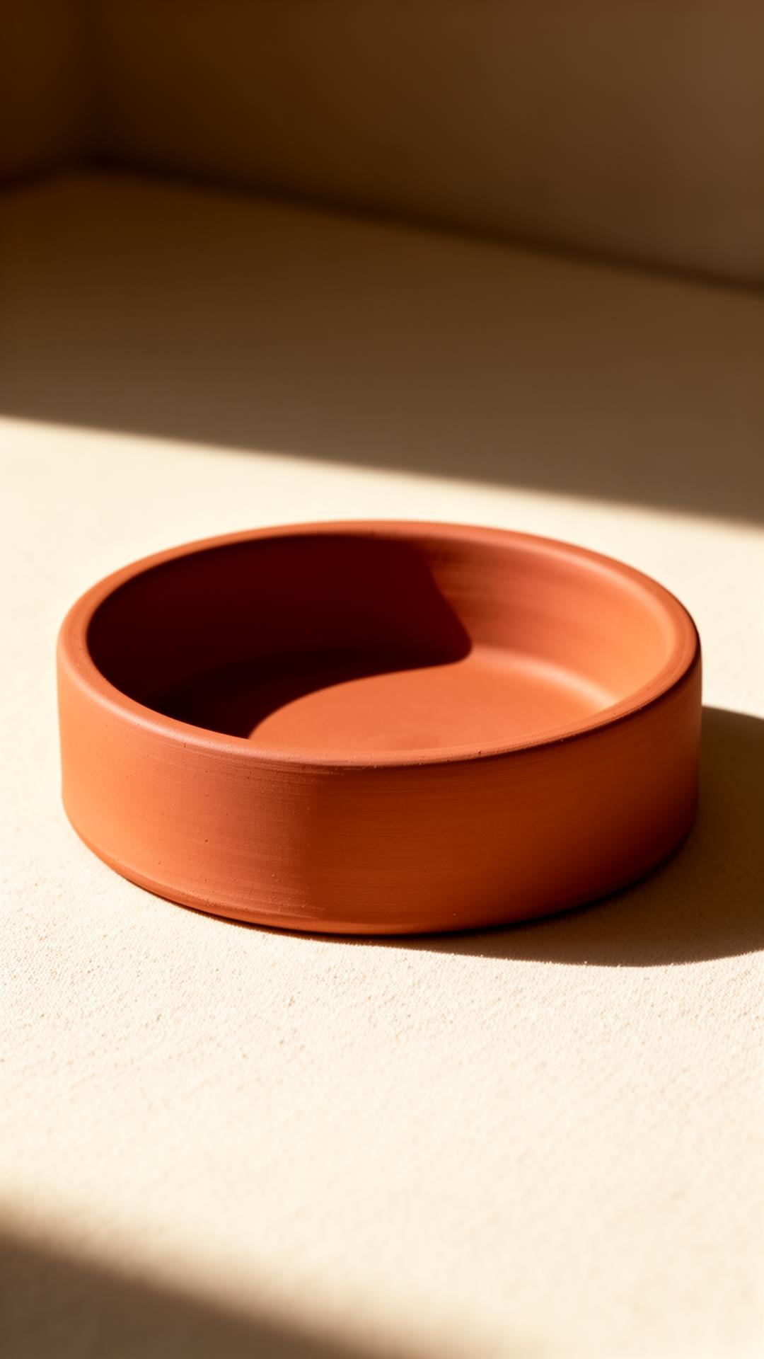 A handcrafted matte terracotta ceramic dog bowl in soft directional studio light
