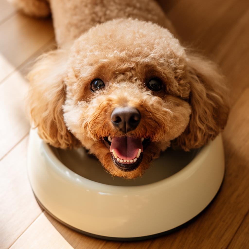 A happy poodle peeking up from a cream ceramic Dog Dish bowl