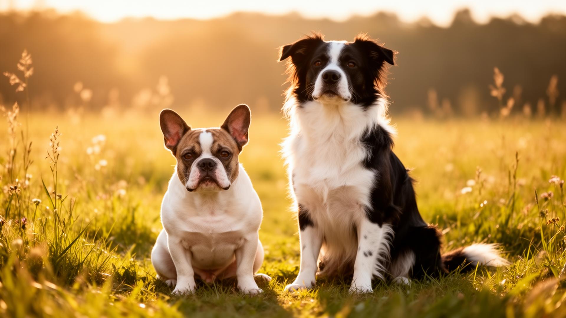 A french bulldog and a border collie sitting together in a sunlit meadow