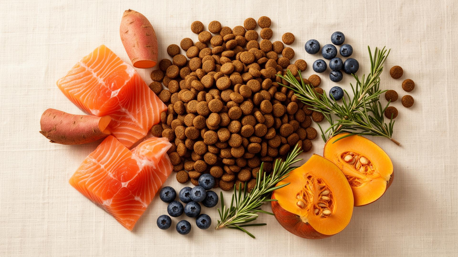 An overhead flat lay of premium dog kibble with whole salmon fillets, sweet potato, blueberries, pumpkin and rosemary